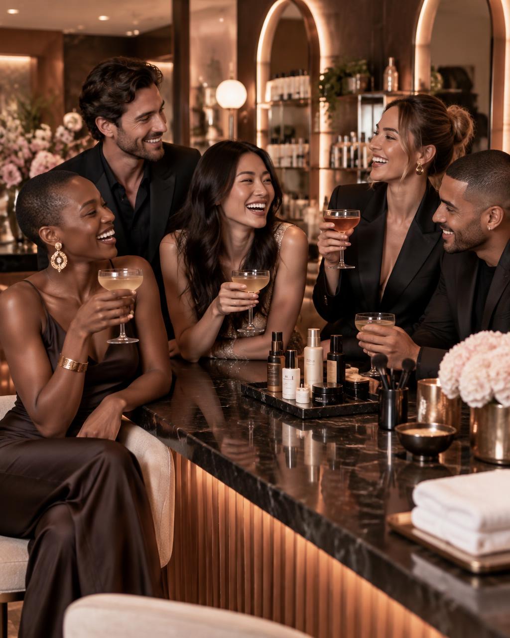 Friends enjoying drinks and time together at a beauty destination