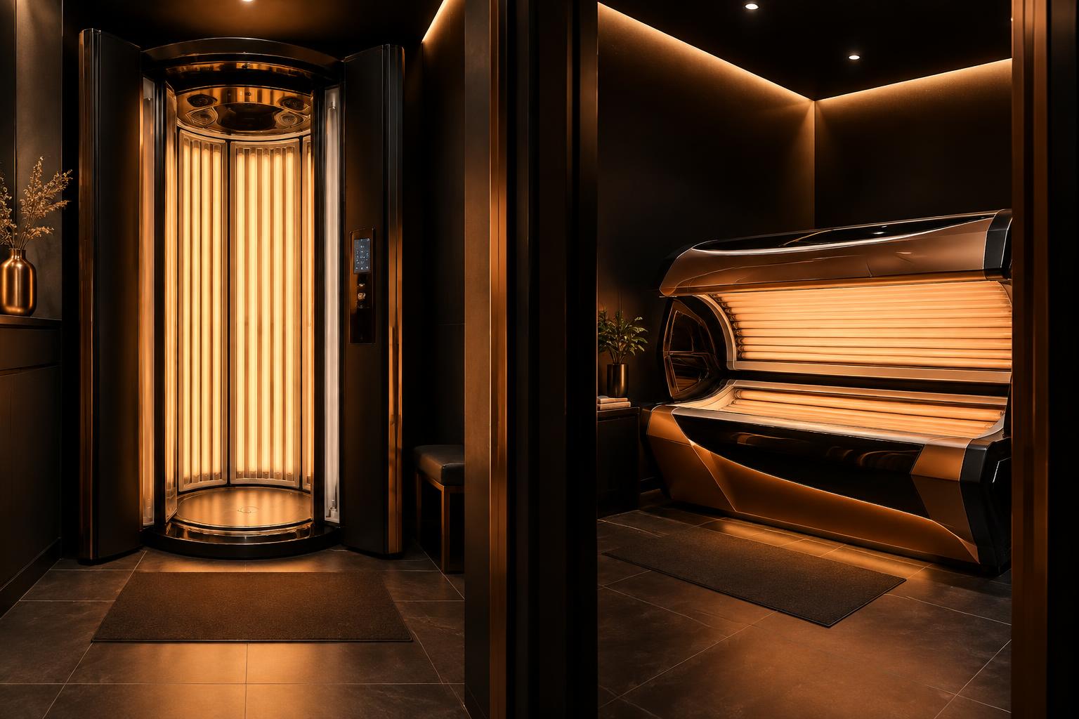 Stand-up and lay-down tanning machines in private studio bays